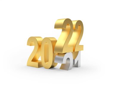 2021 ve 2022 yıllarında altın ve gümüş sayılar beyaz arka planda değişir. 3B illüstrasyon 