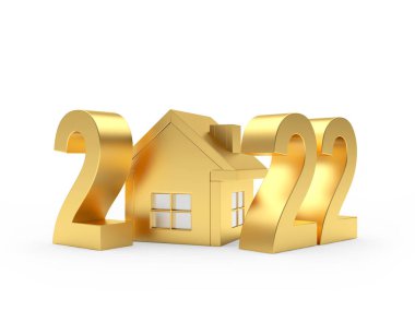 Beyaz arka planda izole edilmiş bir evi olan 2022 numaralı altın. 3B illüstrasyon 