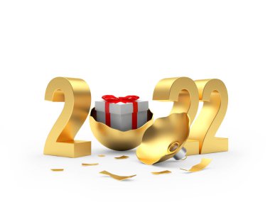 Beyaz arka planda izole edilmiş noel topunda hediye kutusu olan 2022 numaralı altın. 3B illüstrasyon 