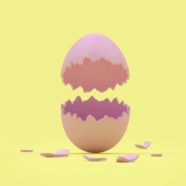 Kırık yumurta kabuğu sarıda. 3B illüstrasyon 