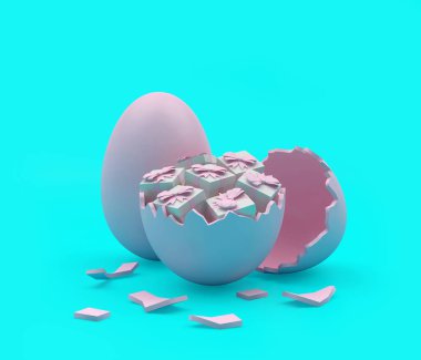 Paskalya hediyeli kırık yumurta. 3B illüstrasyon 