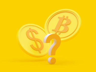Sarı arka planda soru işareti olan dolar ve bitcoin. 3B illüstrasyon 