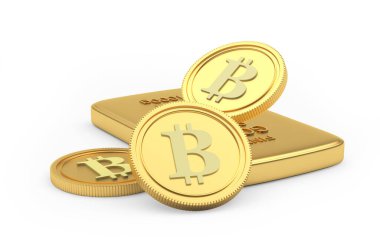 Altın külçeli bitcoin yığını. 3B illüstrasyon 
