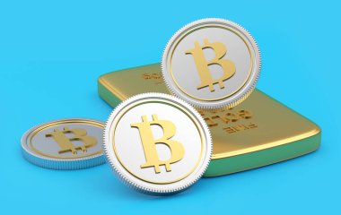 Mavi arka planda altın külçeli Bitcoin paralar. 3B illüstrasyon 