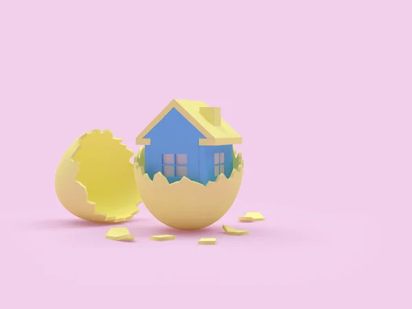 Blaues Haus Gelber Zerbrochener Eierschale Auf Rosa Illustration — Stockfoto