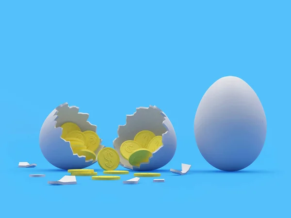 满满一美元的蓝色硬币碎鸡蛋 3D插图 — 图库照片