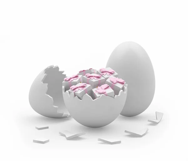 一个装满复活节礼物的完整而破碎的白蛋 3D说明 — 图库照片