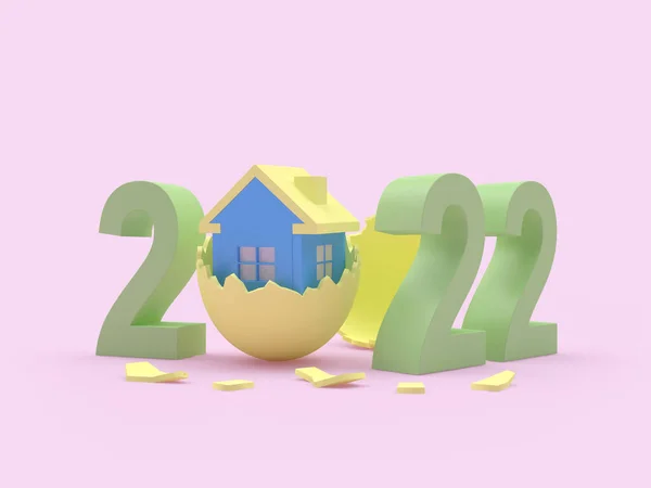 Ein Haus Zerbrochener Eierschale Mit Der Nummer 2022 Auf Pastellrosa — Stockfoto