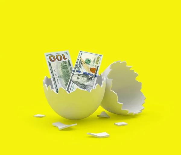 黄色の背景にドル札の入った白い壊れた卵殻 3Dイラスト — ストック写真