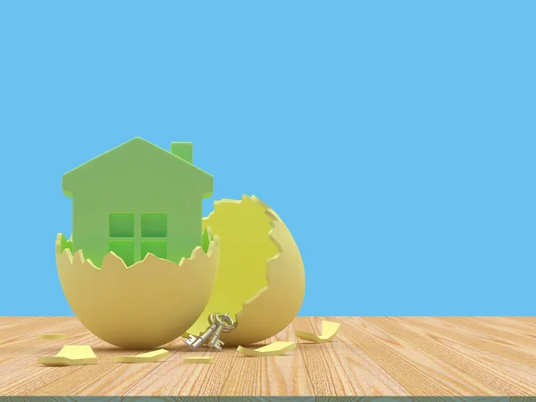 蓝色背景的破碎蛋壳中的房子图标 3D插图 — 图库照片