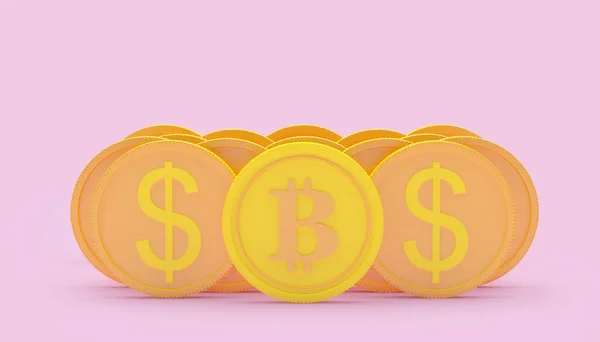 Pastel Pembede Dolar Bitcoin Işareti Olan Bir Grup Bozuk Para — Stok fotoğraf