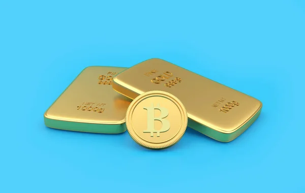 Bitcoin Con Due Lingotti Oro Blu Illustrazione — Foto Stock
