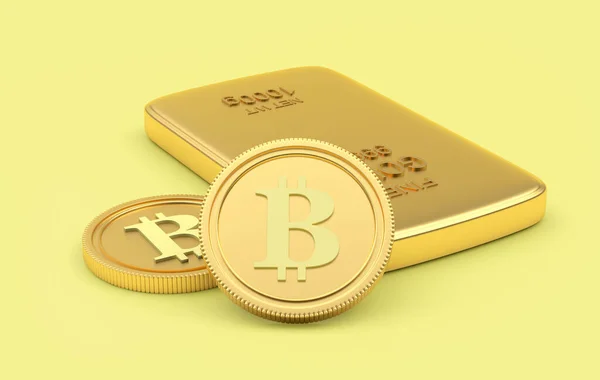 Lingotto Oro Monete Bitcoin Sul Giallo Illustrazione — Foto Stock