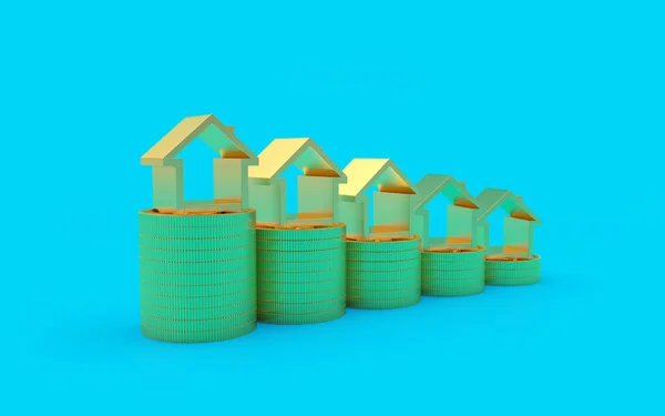 蓝色背景的一堆堆硬币上装饰着金色的房子 3D插图 — 图库照片