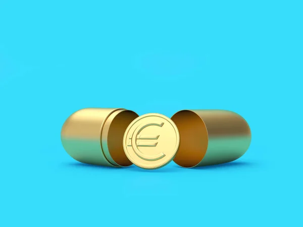 Κέρμα Ευρώ Μια Ανοιχτή Χρυσή Ιατρική Κάψουλα Μπλε Φόντο Απεικόνιση — Φωτογραφία Αρχείου