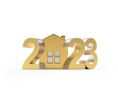 2023 yılının altın emlak konsepti ikonu. 3B illüstrasyon