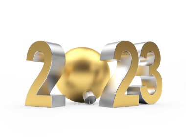 Altın Noel balosuyla yeni yılın 2023 numarası. 3B illüstrasyon