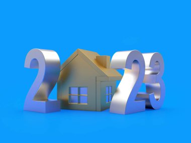 Mavi üzerine 2023 yeni yıl gümüş sayılı altın ev heykelciği. 3B illüstrasyon