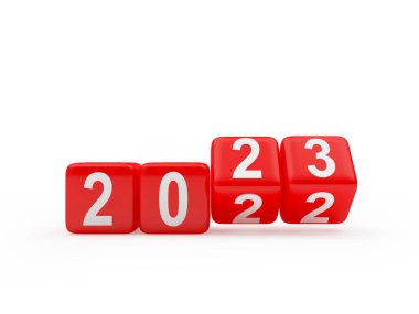 2023 sayıları dönen kırmızı zarlara dönüşür. 3B illüstrasyon