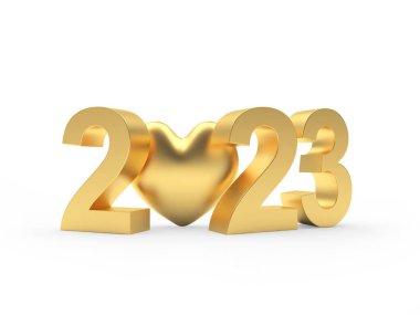 Altın kalp, yeni yılın 2023 numarasıyla beyaza. 3B illüstrasyon