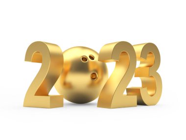 Altın bovling topu 2023 numara beyaz üzerine. 3B illüstrasyon