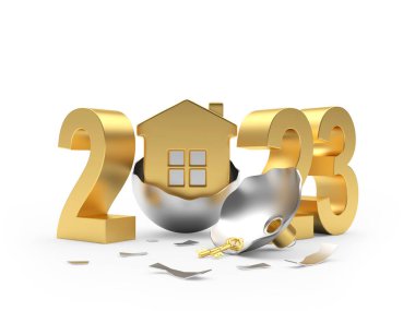 2023 numaralı Noel balosunda altın ev ikonu. 3B illüstrasyon