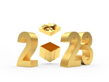 Altın numara 2023, açık hediye kutusu beyaza izole edilmiş. 3B illüstrasyon