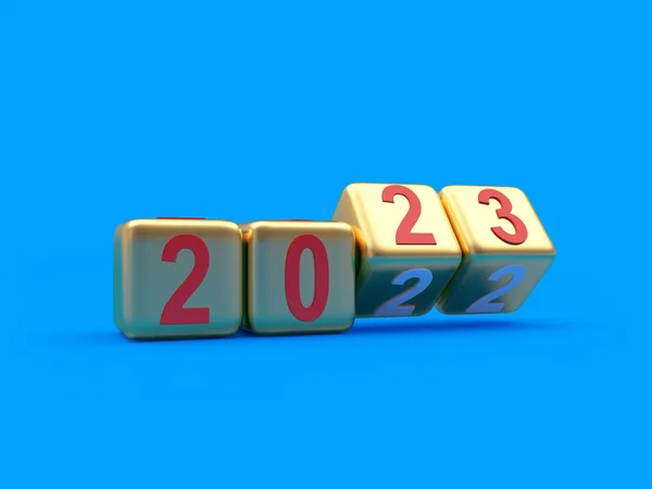 The number 2023 changed to 2022 on golden dice on a blue background. 3D illustration