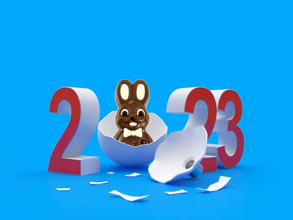 Chocolate Easter Bunny Broken Christmas Ball Number 2023 Blue Background — Stock Photo, Image