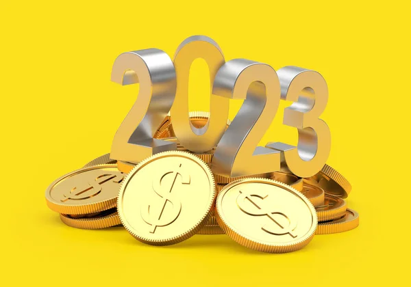 Een Stapel Gouden Munten Met Het Nummer 2023 Geel Illustratie — Stockfoto