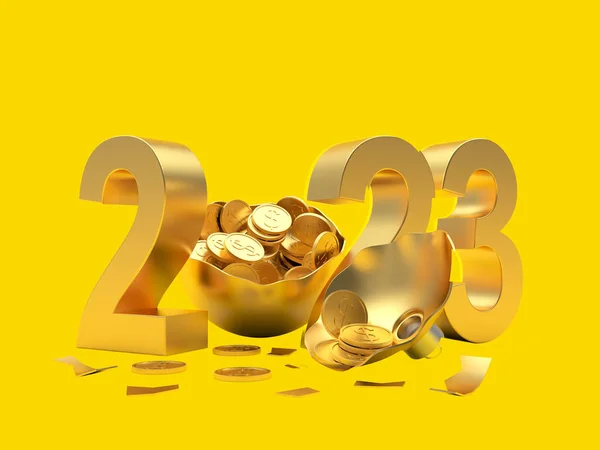 Grămadă Monede Aur Într Minge Spartă Numărul 2023 Galben Ilustrație — Fotografie, imagine de stoc