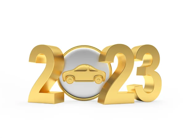 黄金の番号2023白の車のアイコン 3Dイラスト — ストック写真