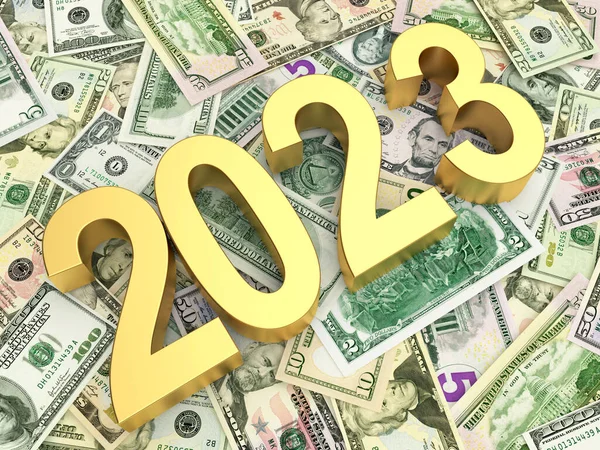 Золоте Число 2023 Лежить Доларах Ілюстрація — стокове фото