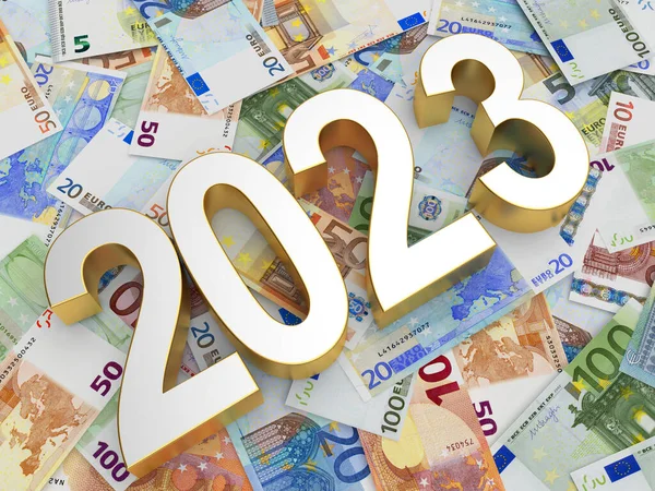 Číslo 2023 Nového Roku Hromadě Eurobankovek Ilustrace Stock Obrázky