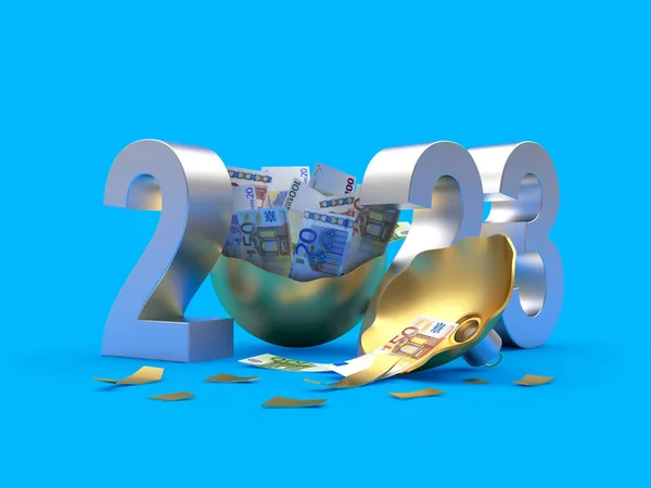 Золотой Рождественский Шар Полный Банкнот Евро Номером 2023 Синем Фоне Стоковое Изображение