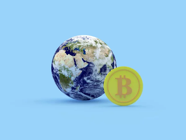 Bitcoin Signe Avec Globe Sur Fond Bleu Illustration Éléments Cette Photos De Stock Libres De Droits