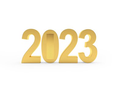Altın sayı 2023 ve bir yığın bozuk para. 3B illüstrasyon