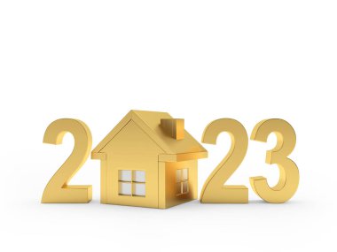 2023 numaralı altın ev ikonu. 3B illüstrasyon