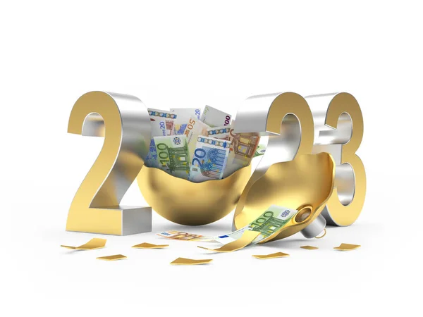 Numărul 2023 Bancnote Euro Într Minge Crăciun Spartă Ilustrație — Fotografie, imagine de stoc