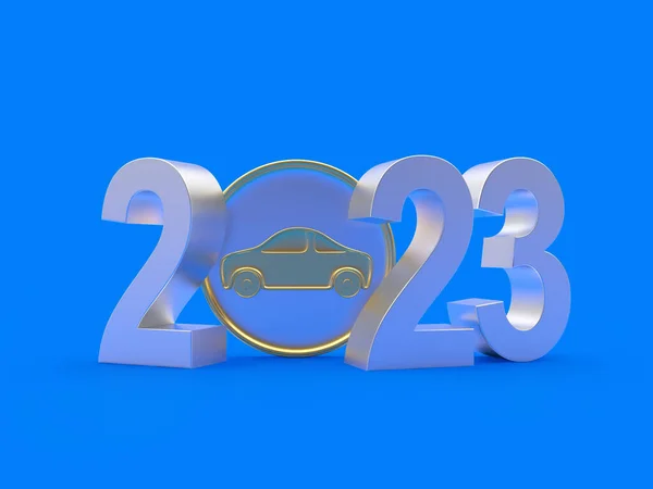 Número Prata 2023 Com Ícone Carro Azul Ilustração — Fotografia de Stock