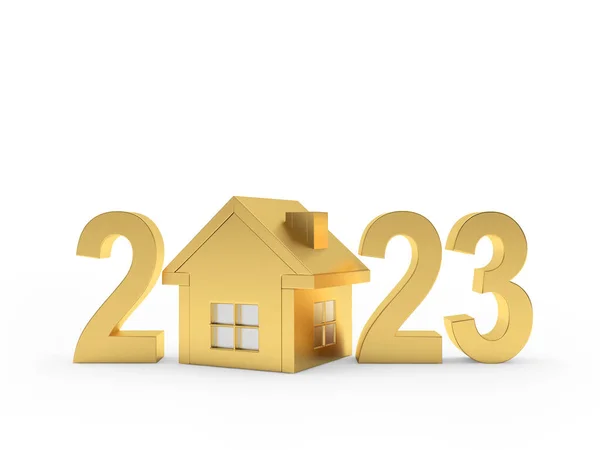 2023 numaralı altın ev ikonu. 3B illüstrasyon