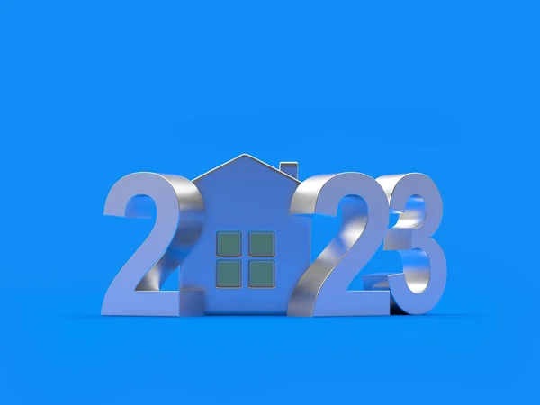 Серебряный Номер 2023 Иконкой Дома Голубом Иллюстрация Стоковая Картинка