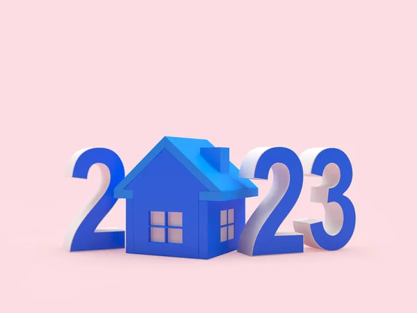 Modrá Čísla 2023 Ikonou Domu Růžové Ilustrace Stock Obrázky