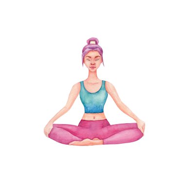 Nilüfer pozisyonundaki genç kız suluboya çizimi. Padmasana kadın meditasyonu. Yoga asana. Meditasyon ve sağlıklı yaşam tarzı.. 