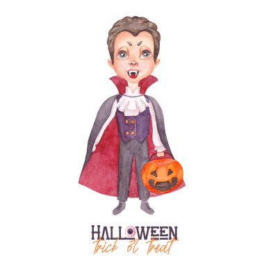 Watercolor Halloween illustration with  cute boy dressed in Dracula. a child with a candy basket in the form of a Jack-o'-lantern. Costume party. Trick or treat