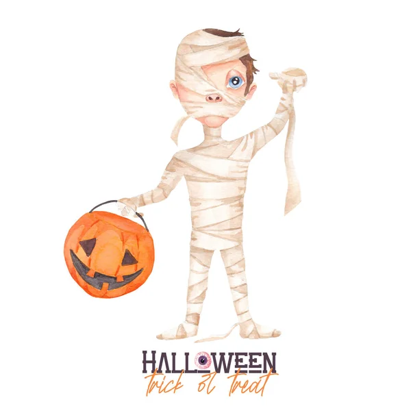 Watercolor Halloween Illustration Cute Boy Disguised Mummy Child Candy Basket — Foto Stock