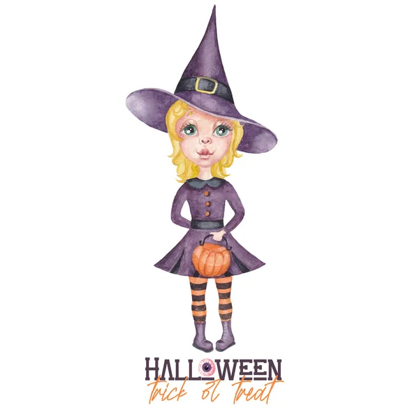 Watercolor Halloween Illustration Cute Girl Disguised Witch Girl Witch Hat — Foto Stock