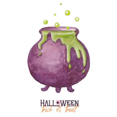 Watercolor Halloween pot with potion. Halloween icon isolated on white background. Trick or treat