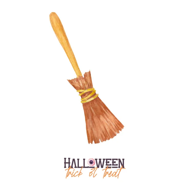 Watercolor Halloween Magic Broom Witch Broom Isolated White Background Trick — Foto Stock