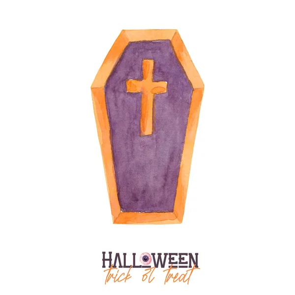 Watercolor Halloween Dracula Coffin Icon Coffin Cross Isolated White Background — Stok Foto